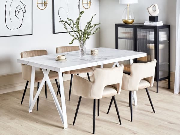 Ruokapöytä valkoinen 160 x 76 x 90 cm MDF metalli muovi marmorikuvio 6 hengen suorakulmainen moderni