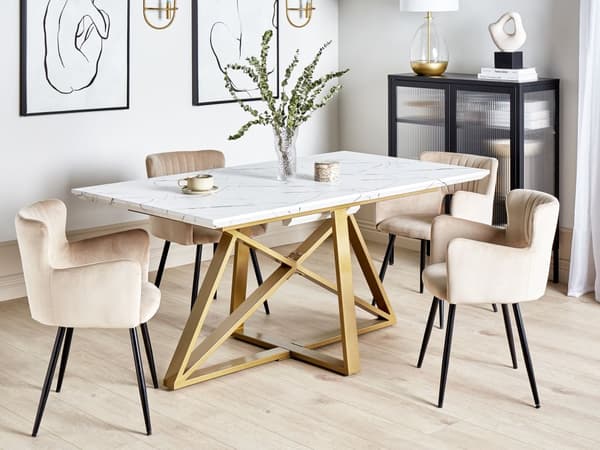 Matbord Marmorfinish MDF Guld Metallben 160/200 x 90 cm Utdragbar Bordsskiva Rektangulär Modern Design Kök Matsal
