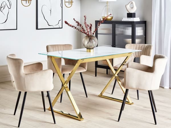 Spisebord Guld Marmor Hærdet Glas Metal 120 x 70 cm 4 Personers Rektangulær Spisestuebord Glasplade Design Krydsben Bord med Guldben