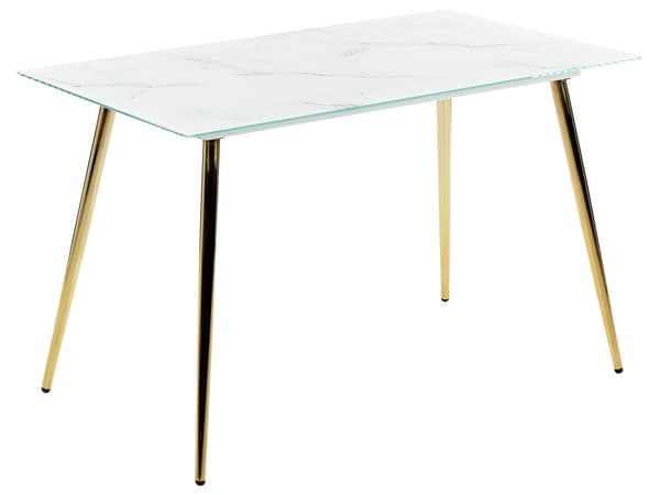 Spisebord Guld Marmor Hærdet Glas Metal 120 x 70 cm 4 Personers Rektangulær Spisestuebord Glasplade Design Krydsben Bord med Guldben