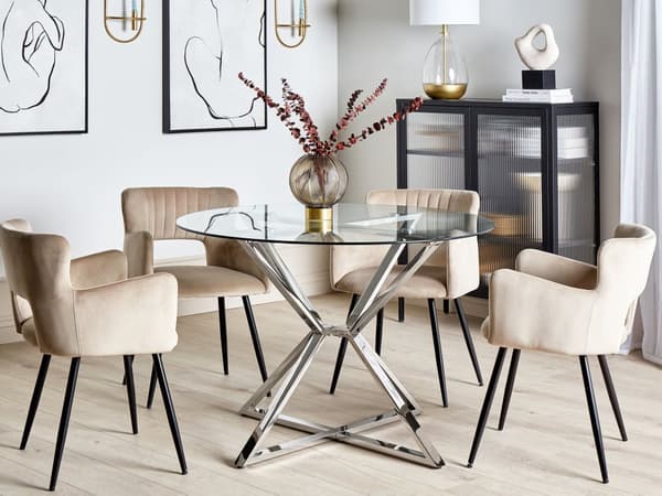 Rundt Spisebord Glas Hærdet Sølv Metal ø 105 cm 4 Personers Spisestuebord Glasplade Design Krydsben Indretning Spisestue