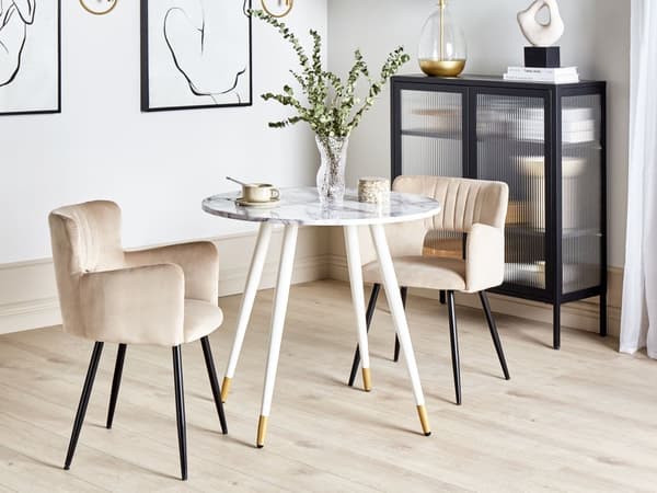 Ruokapöytä valkoinen 80 x 75 x 80 cm MDF rauta pyöreä marmorikuvio neljälle moderni