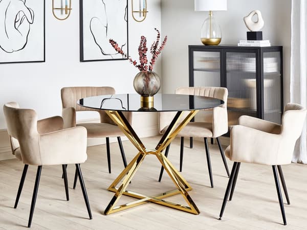 Matbord Svart Guld Genomskinligt och Härdat Glas Metallben ⌀ 105 cm Blank Finish Rektangulär Glamourös Design Kök Matsal