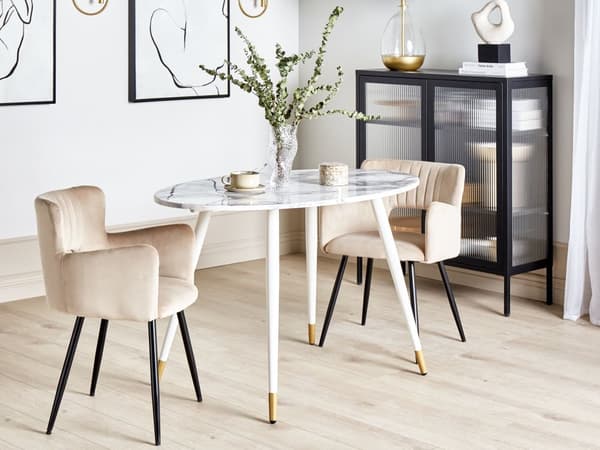Matbord Marmorfinish och Vit MDF och Bordsben i Metall 120 x 70 cm Glansig finish Oval Glam Matsal Kök