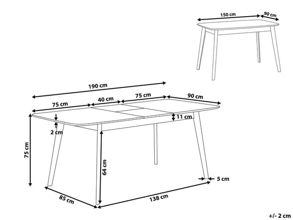 Spisebord i lyst tre 150/190 x 90 cm med uttrekksplate treben skandinavisk minimalistisk stil