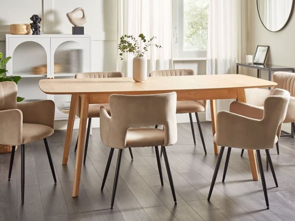 Spisebord i lyst tre 150/190 x 90 cm med uttrekksplate treben skandinavisk minimalistisk stil