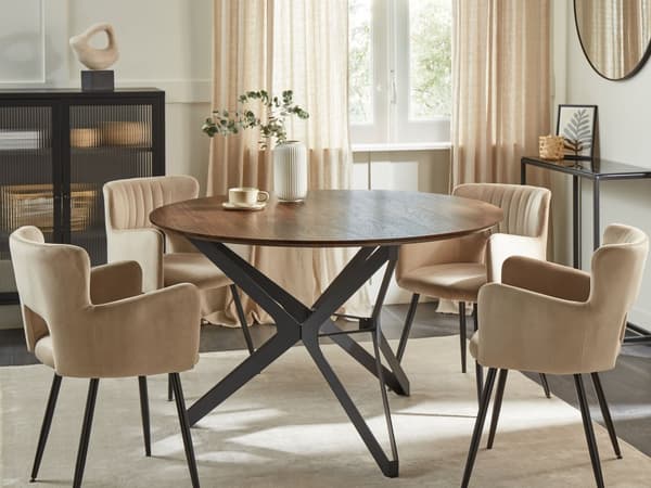Rundt Spisebord Mørkt Træ med Sort MDF ø120 cm Metal Ben Plade Industriel Stil