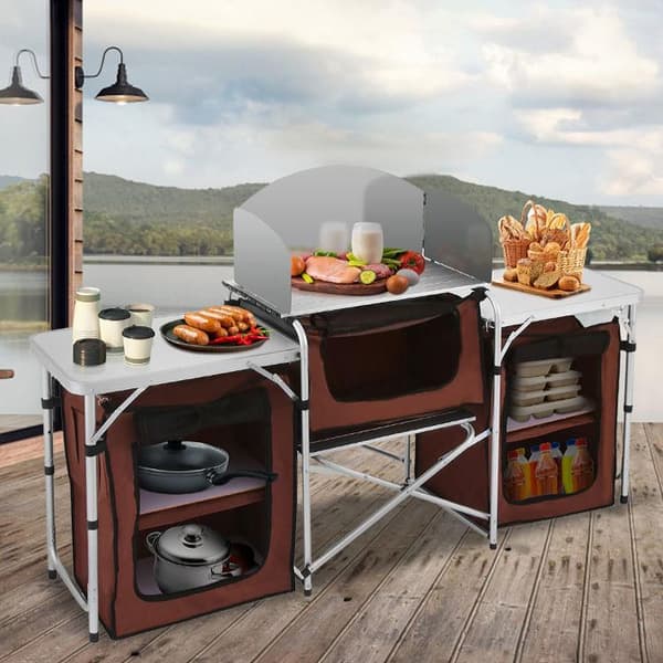 hopfällbar portabel camping utomhus köksbord med vindruta, rymligt utrymme, stabilt och hållbart, lätt att montera