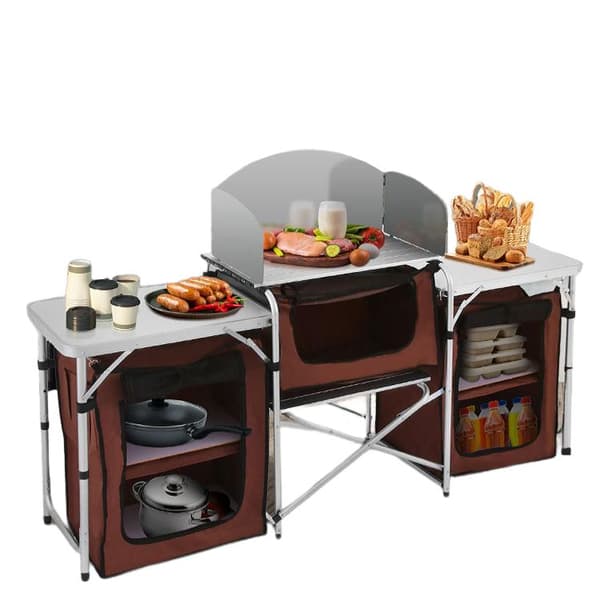 hopfällbar portabel camping utomhus köksbord med vindruta, rymligt utrymme, stabilt och hållbart, lätt att montera