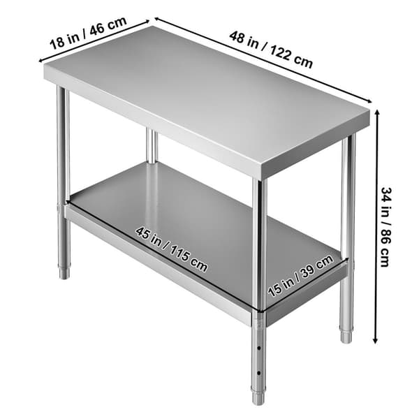 122x46x86cm 250kg bärande arbetsförberedande bord i rostfritt stål med justerbar underhylla, humaniserad design, lätt att montera