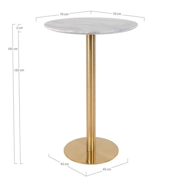 Bolzano Barbord Ø70 cm med marmorlook, ben i mässing, vit.
