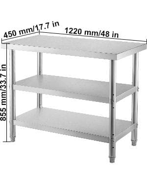 1220x450x855mm 3-lagers arbetsbänk i rostfritt stål, stort utrymme, justerbar hylla och fot, lätt att montera, bred användning