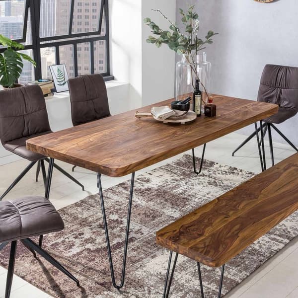 Rootz spisebord massivt træ Sheesham 120cm spisebord træbord Metal ben køkkenbord Landhaus mørkebrun