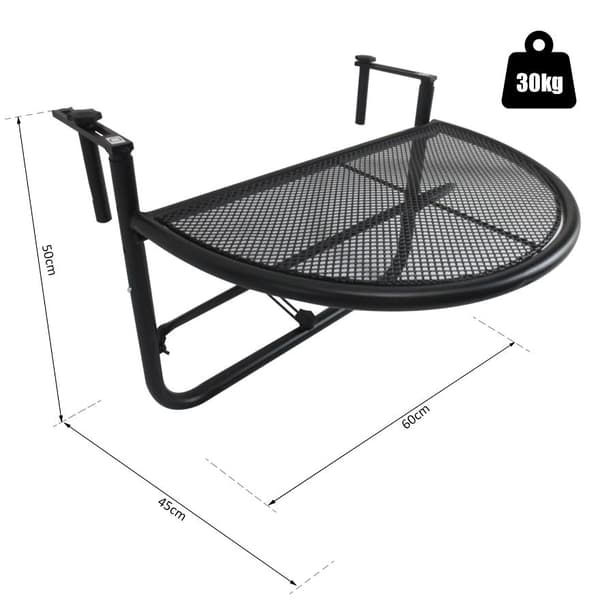 Rootz Balkonbord - Hængebord - Højdejusterbar - Terrasse - Metal - Sort - 60 x 45 x 50 cm