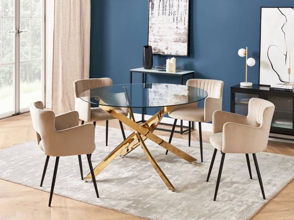 Spisebord guld metalben glasplade rund ⌀120 cm til 4 personer moderne design