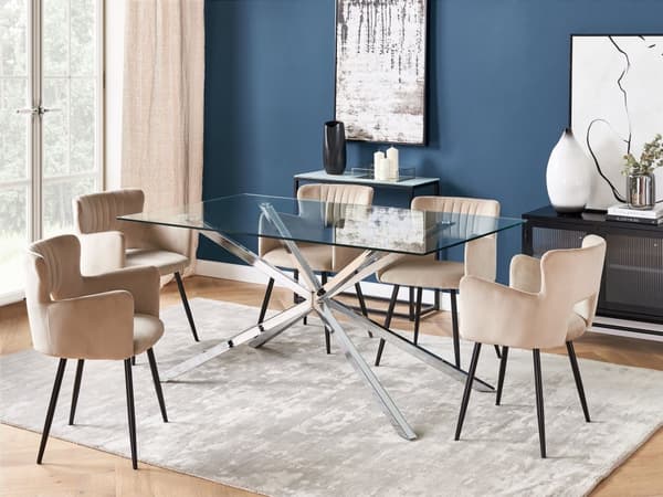 Spisebord sølv metalben glasplade 160 x 90 cm til 4 personer moderne design