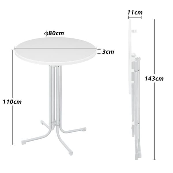 Barhögt bord - XMTECH - Ø80 cm - Fällbart - Väderbeständig - Vit