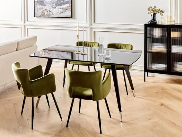 Ruokapöytä musta 160 x 90 cm MDF-levy teräsjalat kuudelle suorakulmainen kiiltävä pinta moderni