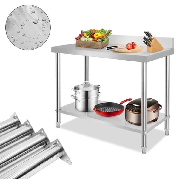 Köksbord - XMTECH - 120x60x85cm - Rostfritt Stål - Höjdjusterbart - 2 Hyllor