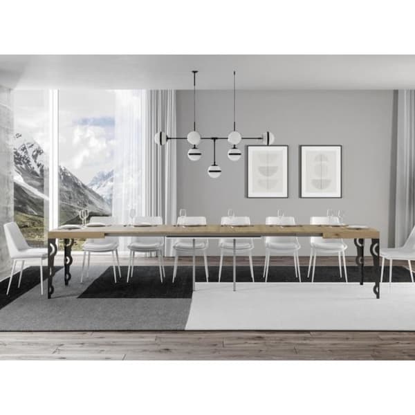 Orientaliskt utdragbart rektangulärt bord 6 till 20 personer L 180 till 440 cm ben i ljust trä och antracitmetall Kazay