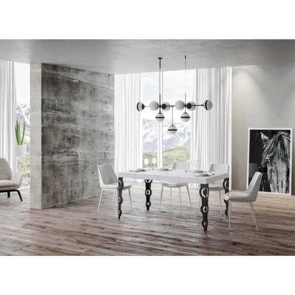 Orientaliskt utdragbart rektangulärt bord 6 till 20 personer L 180 till 440 cm ben i vita och antracitmetall Kazay