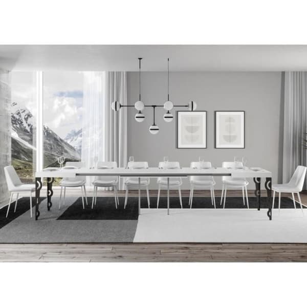 Orientaliskt utdragbart rektangulärt bord 6 till 20 personer L 180 till 440 cm ben i vita och antracitmetall Kazay