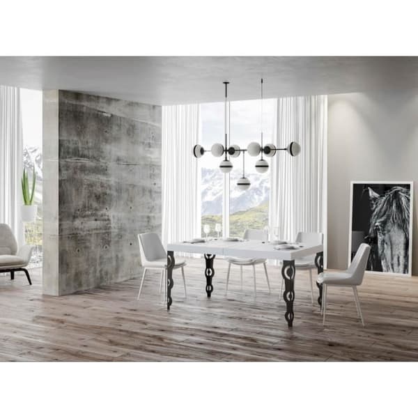 Orientaliskt utdragbart rektangulärt bord 6 till 18 personer L 130 till 390 cm ben i vita och antracitmetall Kazay