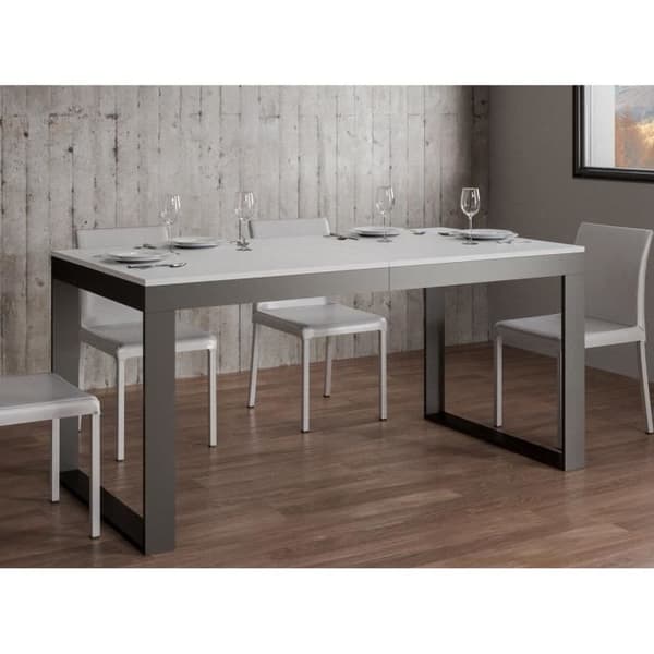 Modernt utdragbart bord 8 till 20 sittplatser L 180 till 440 cm vitt med antracitmetallram och ben Likro 2 ben