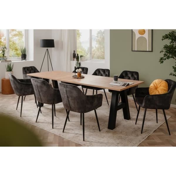 GRANADA utdragbart matbord - Industriell stil - 6/10 personer - 2 förlängningar 40 cm - L 157/237 x D 90 x H 75 cm - Ek/Svart