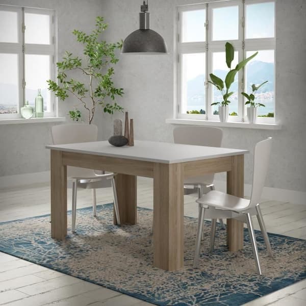 PILVI matbord - 4 personer - Vit och Sonoma ek - L 140 x D 90 x H 75 cm