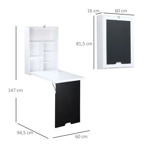 Rootz-seinäpöytä - Taitettava pöytälevy - Seinäpöytä - 5 lokeroa - Tilaa säästävä - Musta+ Valkoinen - 60x94,5x147cm