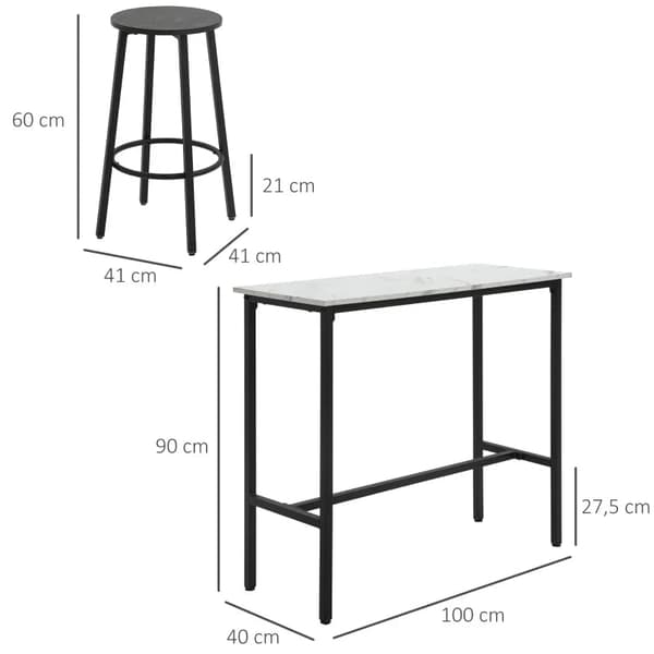 Rootz Barsæt til 2 personer - 1 bord med 2 barstole - Bordplade i hvid marmorlook - Stålstel - Hvid + Sort - 100cm x 40cm x 90H cm