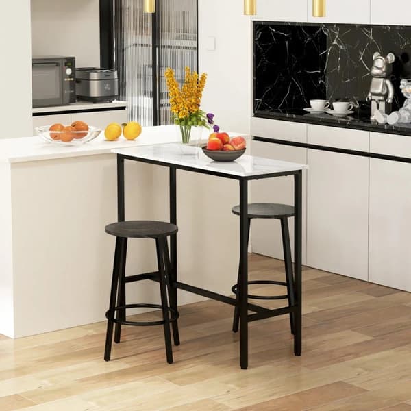 Rootz Barsæt til 2 personer - 1 bord med 2 barstole - Bordplade i hvid marmorlook - Stålstel - Hvid + Sort - 100cm x 40cm x 90H cm