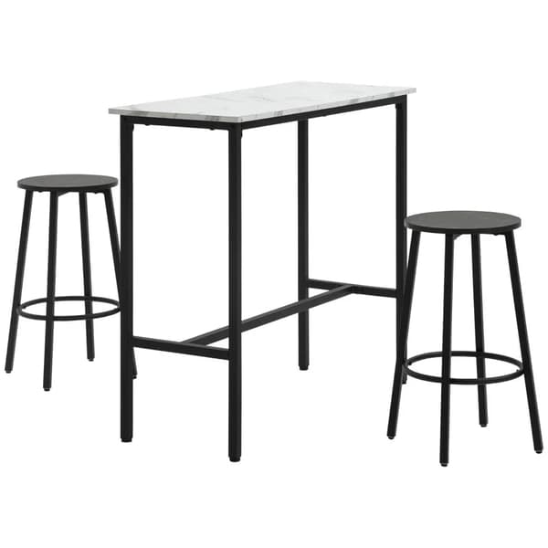 Rootz Barsæt til 2 personer - 1 bord med 2 barstole - Bordplade i hvid marmorlook - Stålstel - Hvid + Sort - 100cm x 40cm x 90H cm