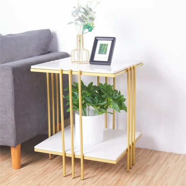 Kaffebord, marmorbordplade, magasinhylder, Hvid og Guld