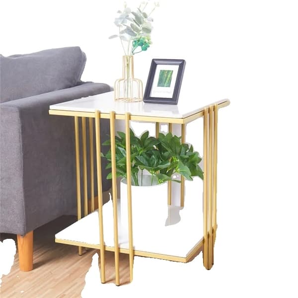 Kaffebord, marmorbordplade, magasinhylder, Hvid og Guld