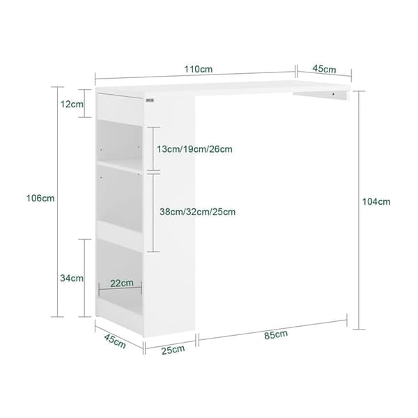 Rootz Justerbart Barbord - Spisebord - Vægmonteret bord - MDF Konstruktion - Pladsbesparende Design - Justerbar Højde - Nem montering - Hvid - 110cm x