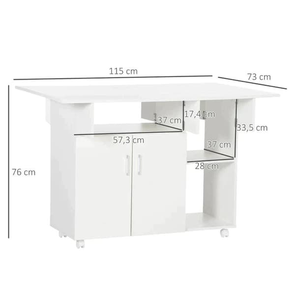 Kokoontaittuva Rootz-ruokapöytä - TV-taso, jossa avoin säilytystila - 3 hyllyä + 1 kaappi - 4 pyörää - Valkoinen - 115L x 73L x 76K cm