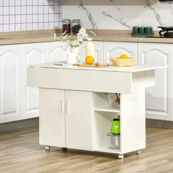 Kokoontaittuva Rootz-ruokapöytä - TV-taso, jossa avoin säilytystila - 3 hyllyä + 1 kaappi - 4 pyörää - Valkoinen - 115L x 73L x 76K cm