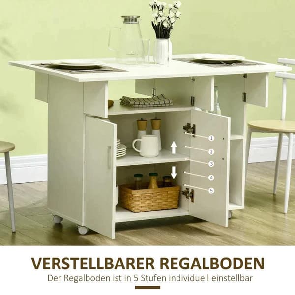 Kokoontaittuva Rootz-ruokapöytä - TV-taso, jossa avoin säilytystila - 3 hyllyä + 1 kaappi - 4 pyörää - Valkoinen - 115L x 73L x 76K cm
