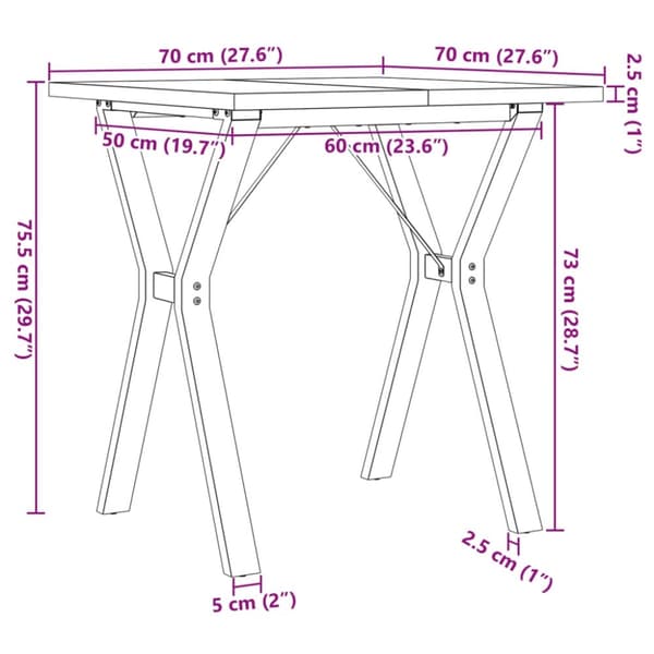 vidaXL Ruokapöytä Y-runko 70x70x75,5 cm täysi mänty ja terästä