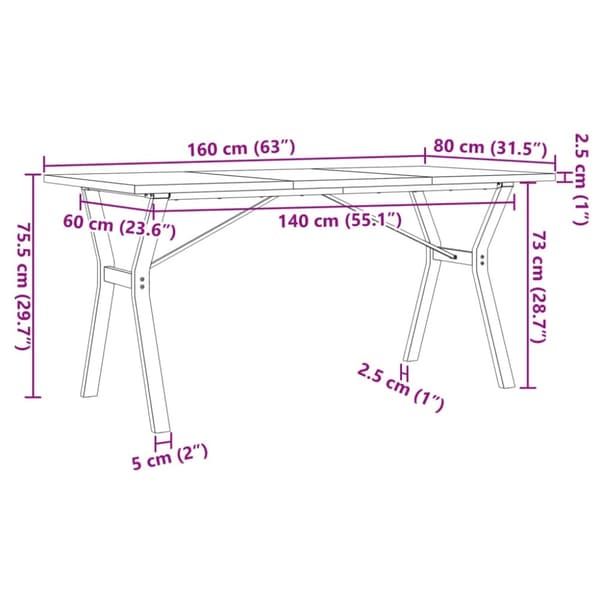 vidaXL Spisebord Y-ramme 160x80x75,5 cm heltre furu og stål
