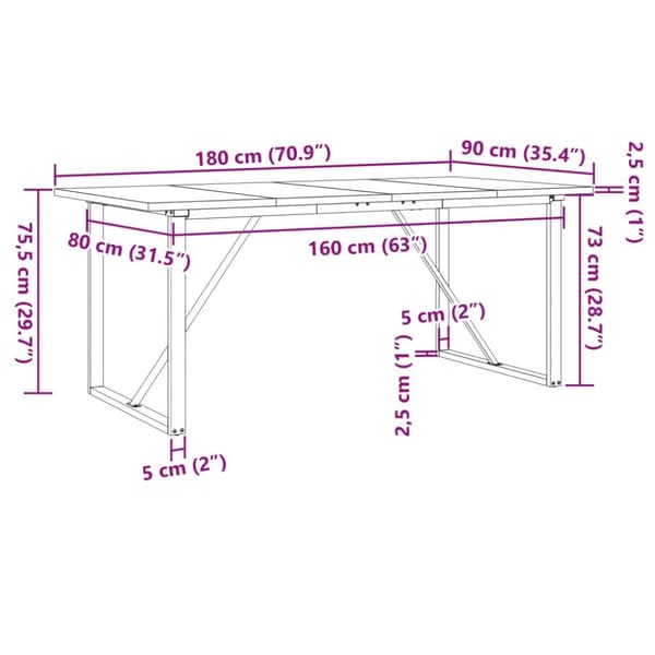 vidaXL Spisebord O-ramme 180x90x75,5 cm heltre furu og stål