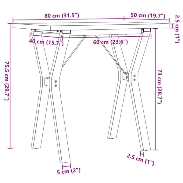 vidaXL Spisebord Y-ramme 80x50x75,5 cm heltre furu og stål