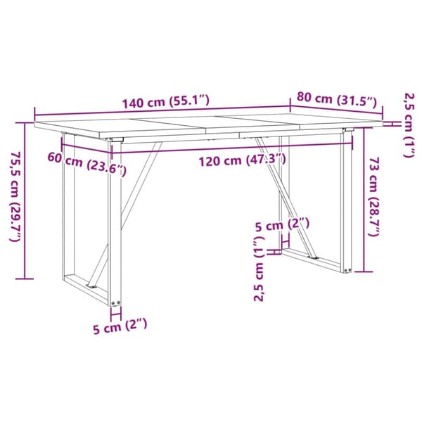 vidaXL spisebord 140x80x75,5 cm O-stel massivt fyrretræ og støbejern