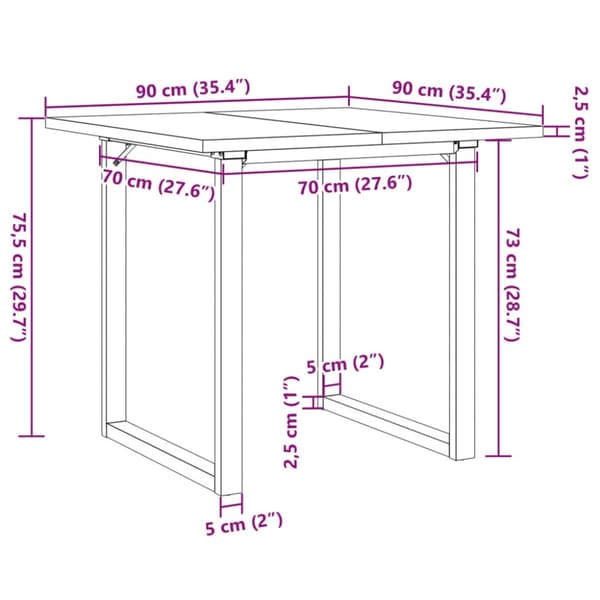 vidaXL Spisebord O-ramme 90x90x75,5 cm heltre furu og stål