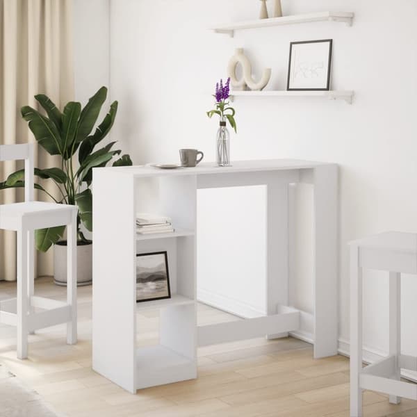 vidaXL Baaripöytä/hyllyt valkoinen 124x46x103,5 cm tekninen puu