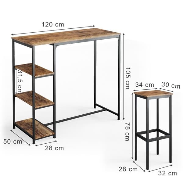 Vicco Fyrk barbordsset, rustik ek, 120 x 50 cm med hyllor och 2 barstolar