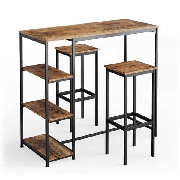 Vicco Fyrk barbordsset, rustik ek, 120 x 50 cm med hyllor och 2 barstolar