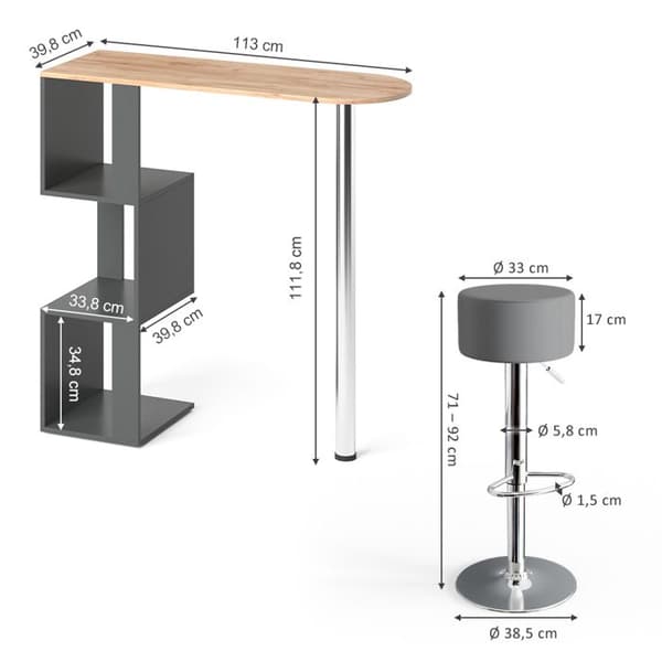 Vicco Vincent barbordsset, gyllene ek, 113 x 40 cm med 2 barstolar